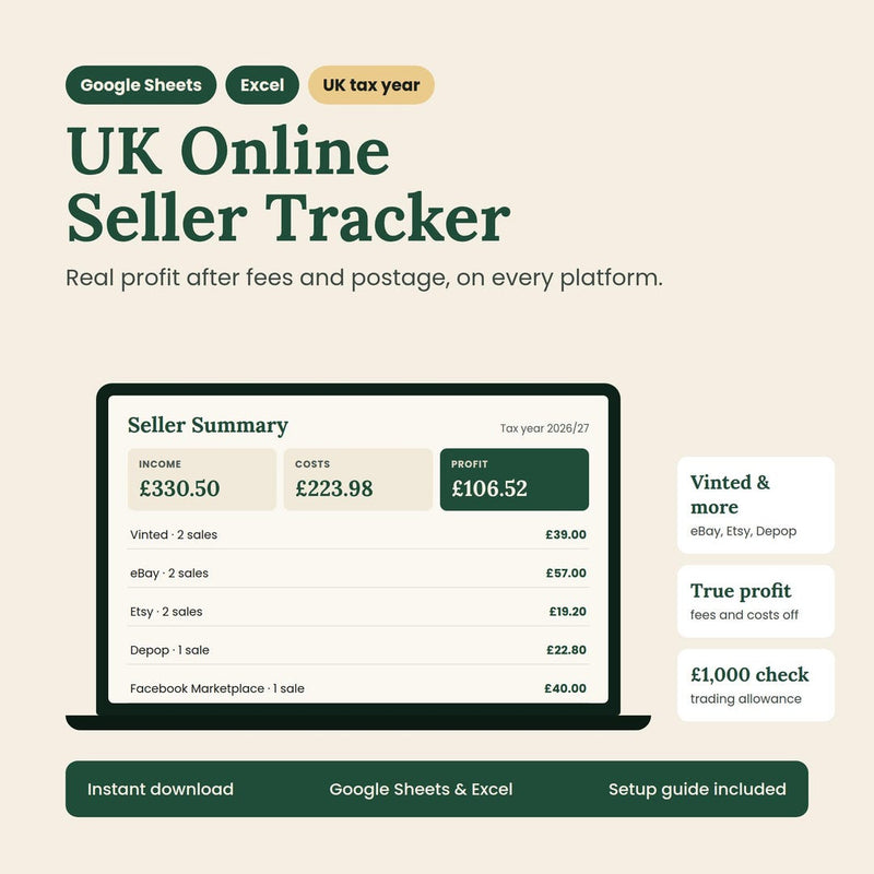 UK Online Seller Tracker spreadsheet on a laptop showing profit by platform